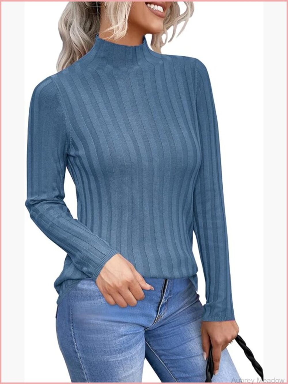 Womens Ribbed Wool Blend Mock Neck Sweater Fitted Long Sleeve Pullover